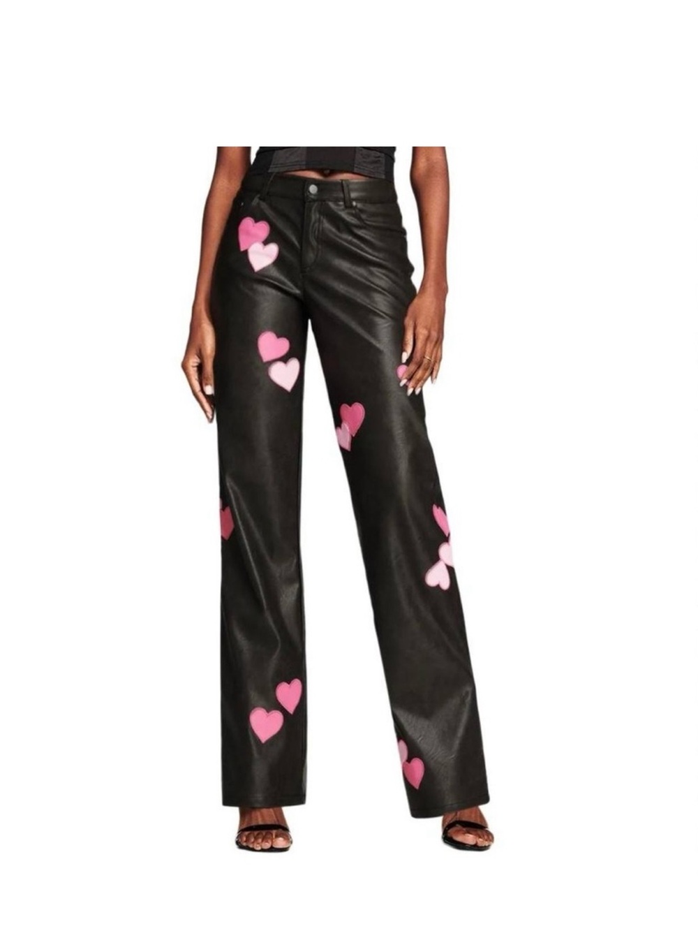 I.AM.GIA Black Faux Leather Wide-Leg Pants with Pink Heart Appliqués